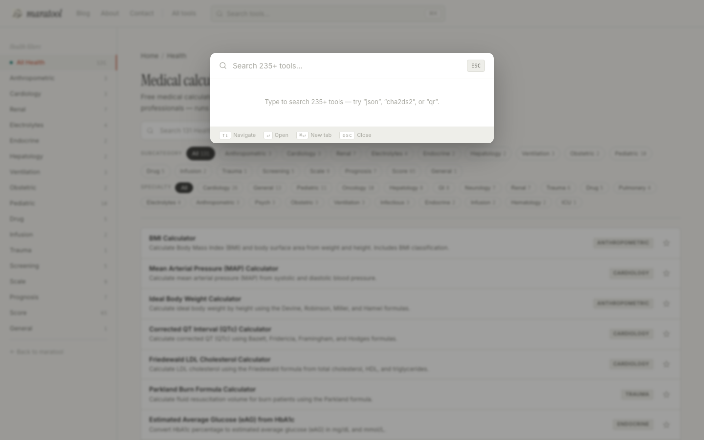 The ⌘K command palette open as a centered modal over a dimmed Health hub. Input reads 'Search 235+ tools…' with hint text suggesting 'json', 'cha2ds2', or 'qr'. A footer shows the keyboard shortcuts: Navigate (↑↓), Open (↵), New tab (⌘↵), Close (esc).