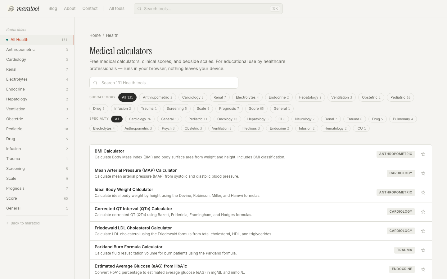 The Health hub page titled 'Medical calculators' with breadcrumb, scoped search, and two rows of facet pills (subcategory and specialty). Dense tool rows below show name, description, subcategory badge in green, and a pin star at the right.