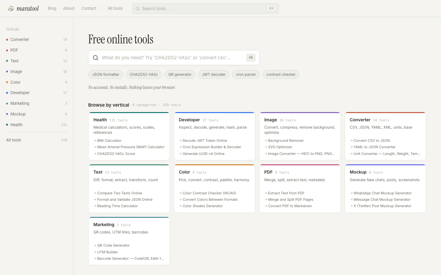 The new maratool homepage, showing a hero search with query chips above a 'Browse by vertical' grid of 9 category cards: Health (131 tools), Developer (17), Image (16), Converter (14), Text (13), Color (9), PDF (8), Mockup (8), and Marketing (3). Sidebar lists all verticals.