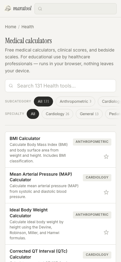 The Health hub on mobile (390px wide). Breadcrumb 'Home / Health' above the 'Medical calculators' title and intro. Search input full-width. Below, a SUBCATEGORY row with horizontal-scrolling pills (All 131, Anthropometric 3, Cardiology 26 visible, fade on right edge) and a SPECIALTY row with the same pattern (All, Cardiology 26, General 13, Pediatric partially visible). Dense rows below with subcategory badge top-right and pin star bottom-right.