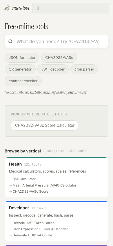 The maratool homepage on mobile (390px wide). Compact topbar with logo and search trigger only, no nav. Hero h1 'Free online tools' above a search input with placeholder hint, query chips wrapping into 3 rows. Below, a 'Pick up where you left off' section with the last-used tool, then 'Browse by vertical' as a single-column stacked grid showing Health and Developer cards.