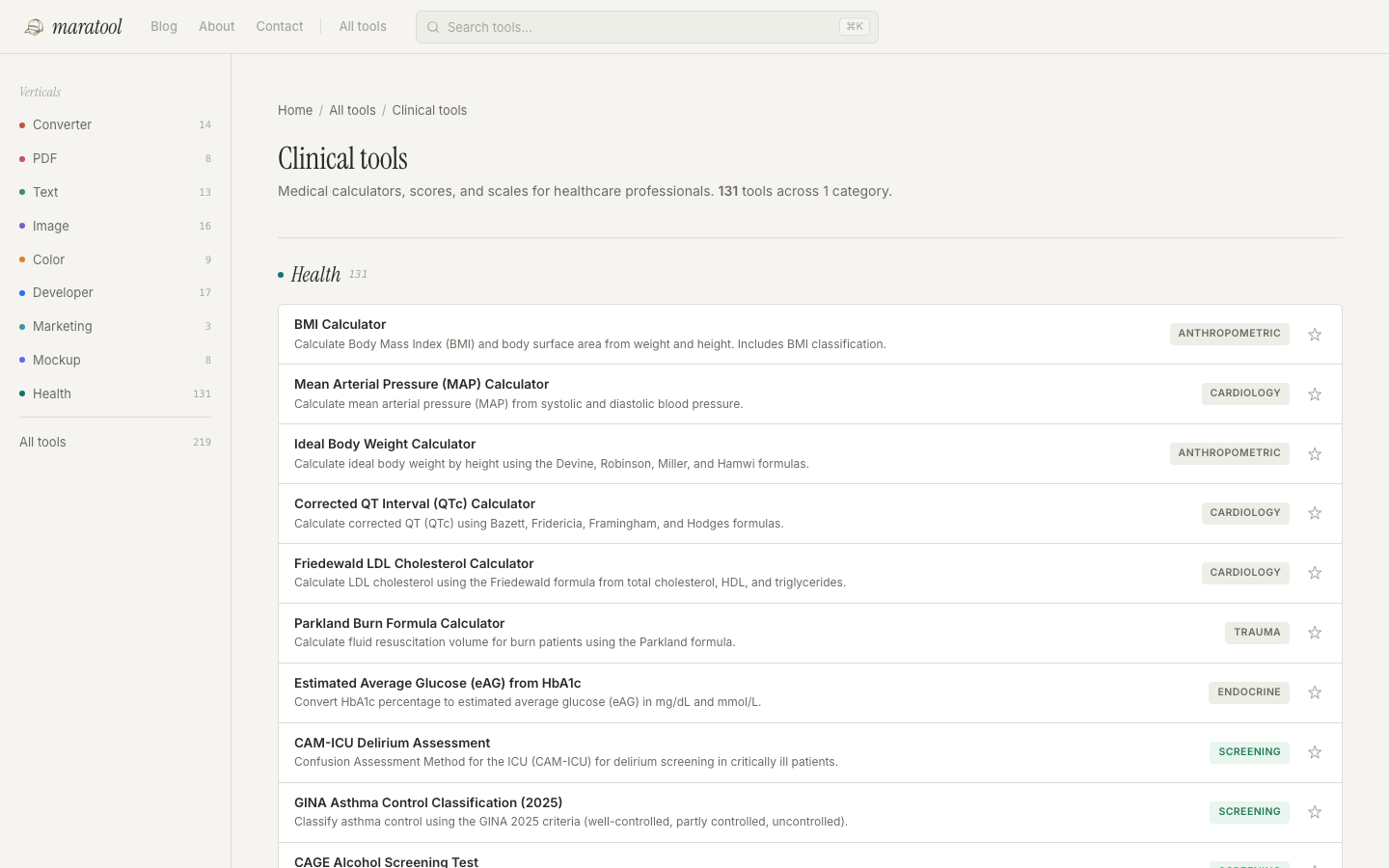 The /tag/clinical page titled 'Clinical tools' with breadcrumb 'Home / All tools / Clinical tools'. Description: 'Medical calculators, scores, and scales for healthcare professionals. 131 tools across 1 category.' Below, a Health section header with green dot and tool count, then dense tool rows with subcategory badges in green on the right.