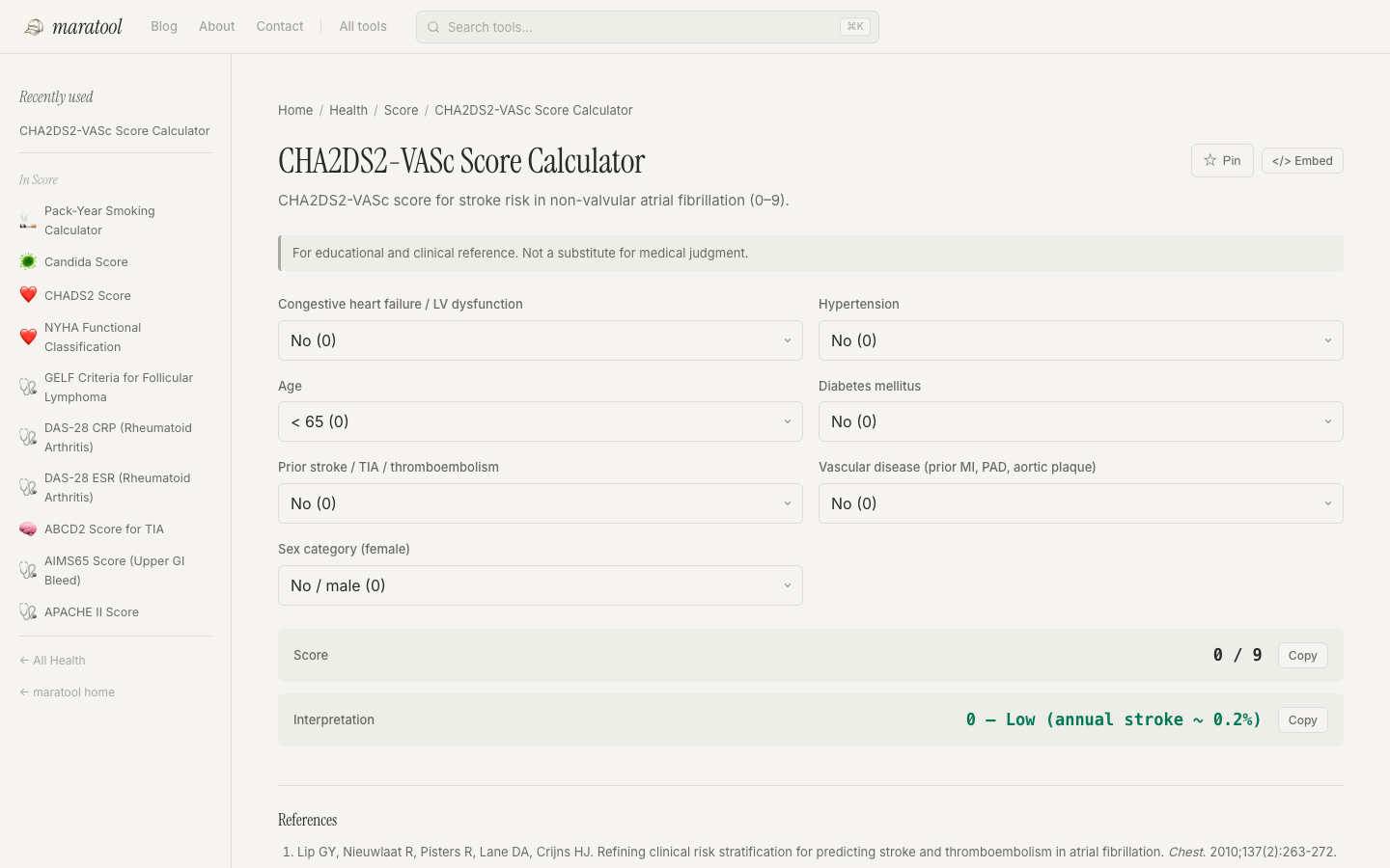 The CHA2DS2-VASc Score Calculator tool page. Top right of the title shows a ★ Pin button and a </> Embed button. Sidebar on the left shows 'Recently used' at the top with this tool, then 'In Score' section listing sibling tools like Pack-Year, Candida, CHADS2, NYHA, GELF, DAS-28, ABCD2, AIMS65, APACHE II. The tool itself shows the form fields and a 0/9 score result.