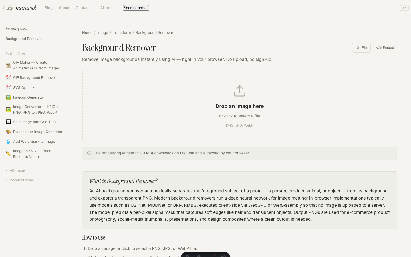 The Background Remover tool — a drop zone, with a note that the model and image stay in your browser