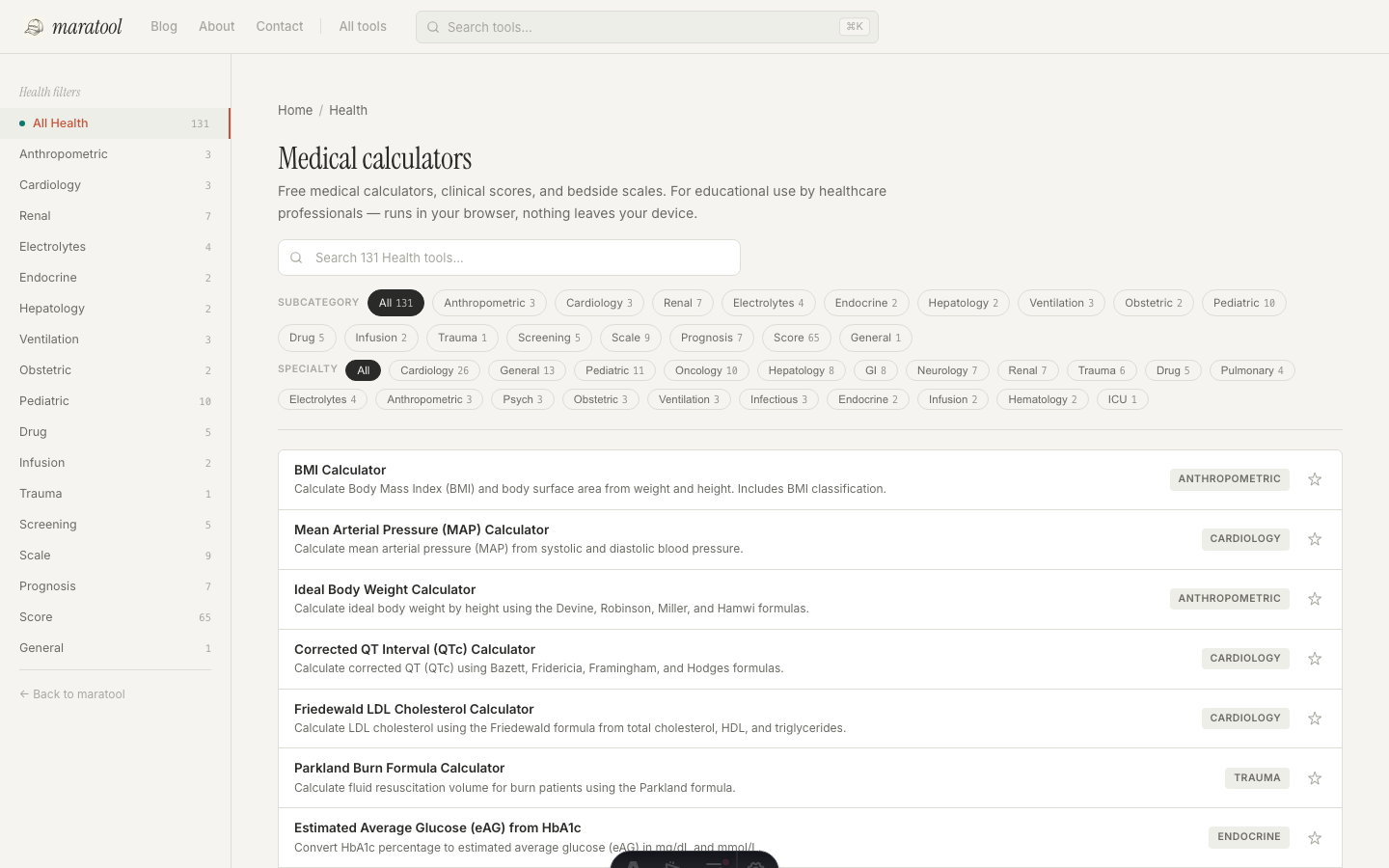 The Health hub — a filterable list of medical calculators, scores, and scales