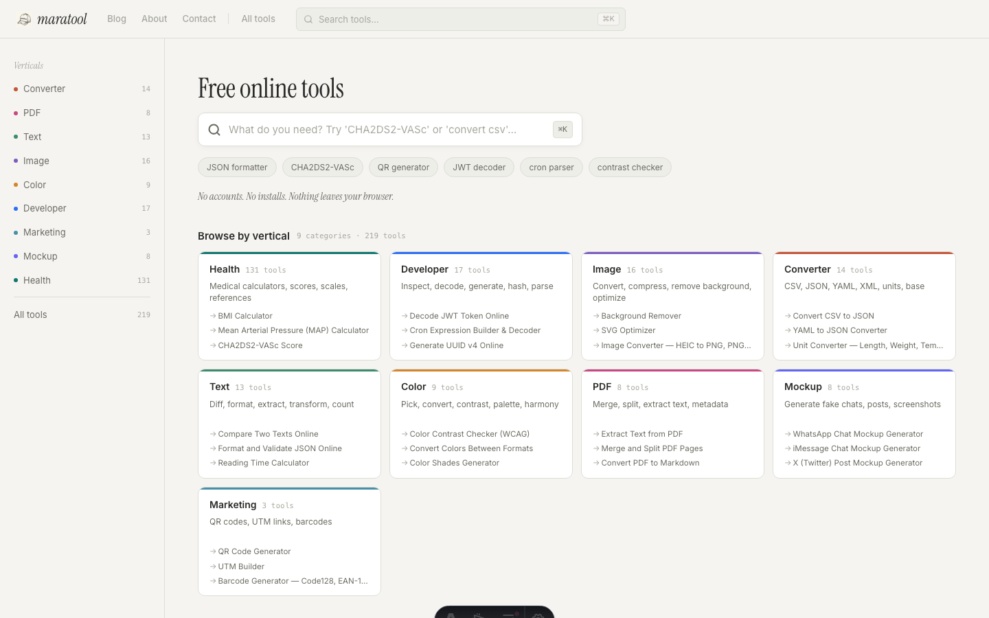 maratool homepage — a sidebar of verticals on the left and a grid of tool category cards